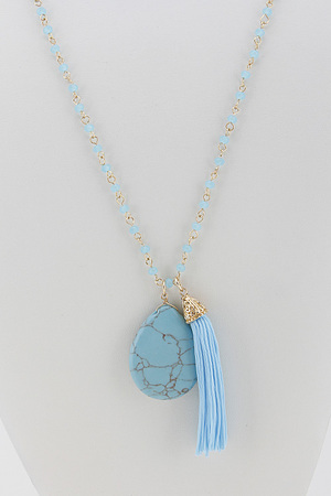 Oval Stone Bead Long Necklace with Tassel Detail 6ABJ1